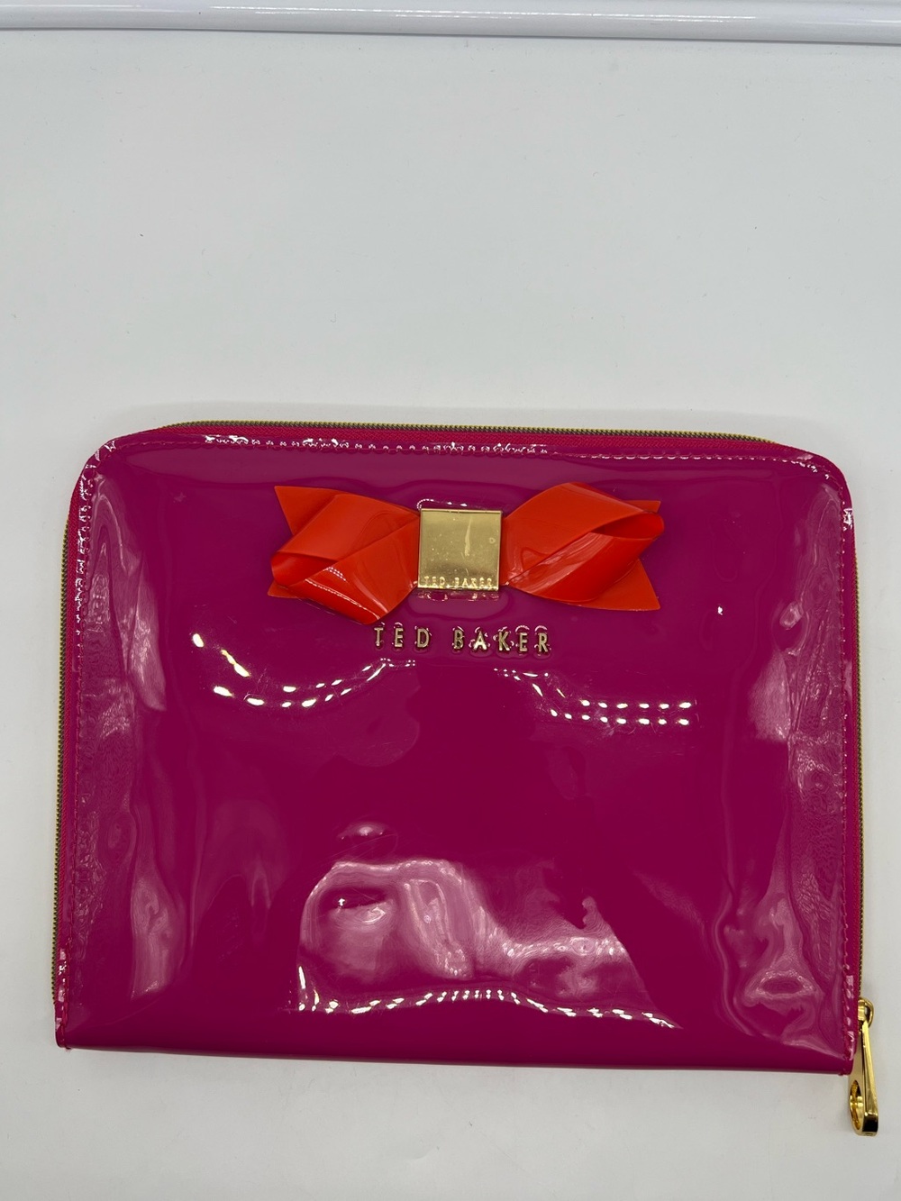 TED BAKER Pink Fuchsia PVC Orange Bow Padded iPad Tablet Sleeve Organizer Pouch